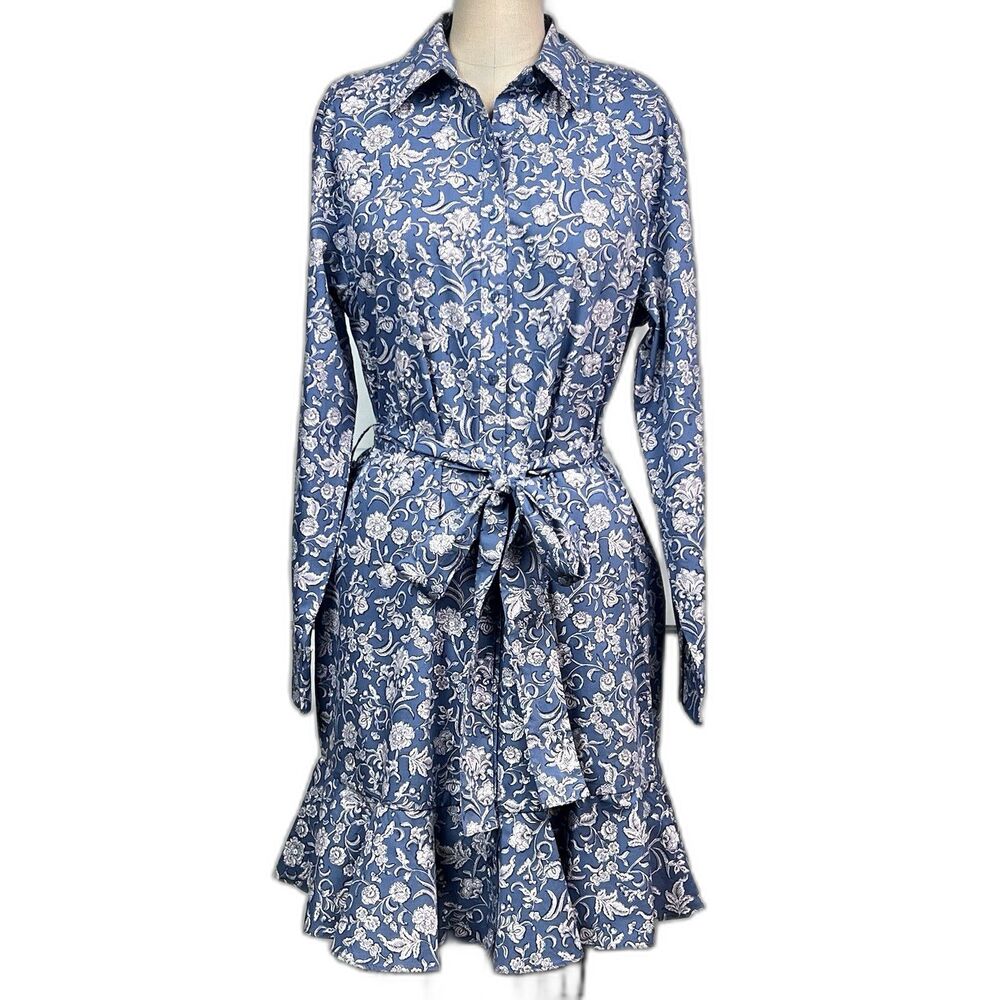 Chaps Shirtwaist Dress Blue & White Floral Ruffle Hem Long Sleeve Tie Waist Sz L